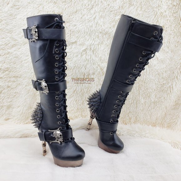 Muerto Goth Punk Bone Heel Spiked Skull Buckle Knee Boots RESTOCKED - Picture 12 of 15